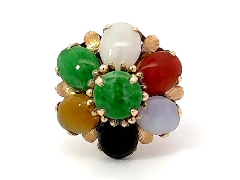 Women’s oval gemstone rings-Multi Colored Jade Flower Ring 14K Yellow Gold