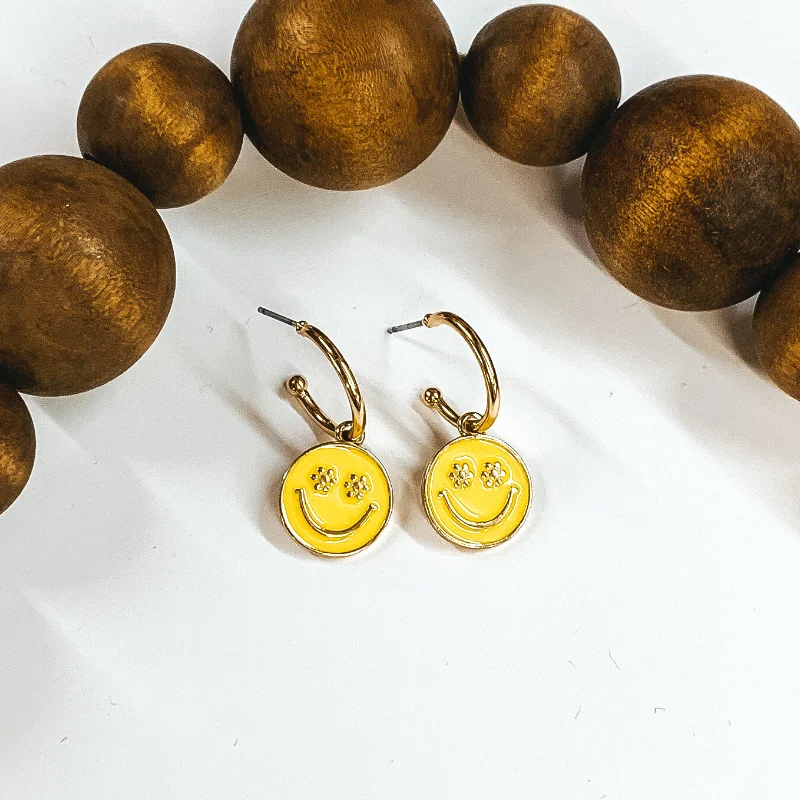 Women’s diamond stud earrings-Gold Tone Hoop Earrings with a Happy Face Circle Pendant in Yellow