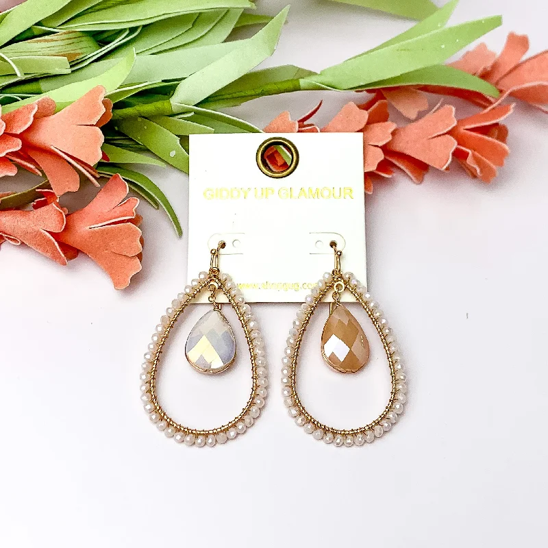 Women’s luxury earrings-Ivory Stone Inside Open Beaded Teardrop Earrings with Gold Tone Outline