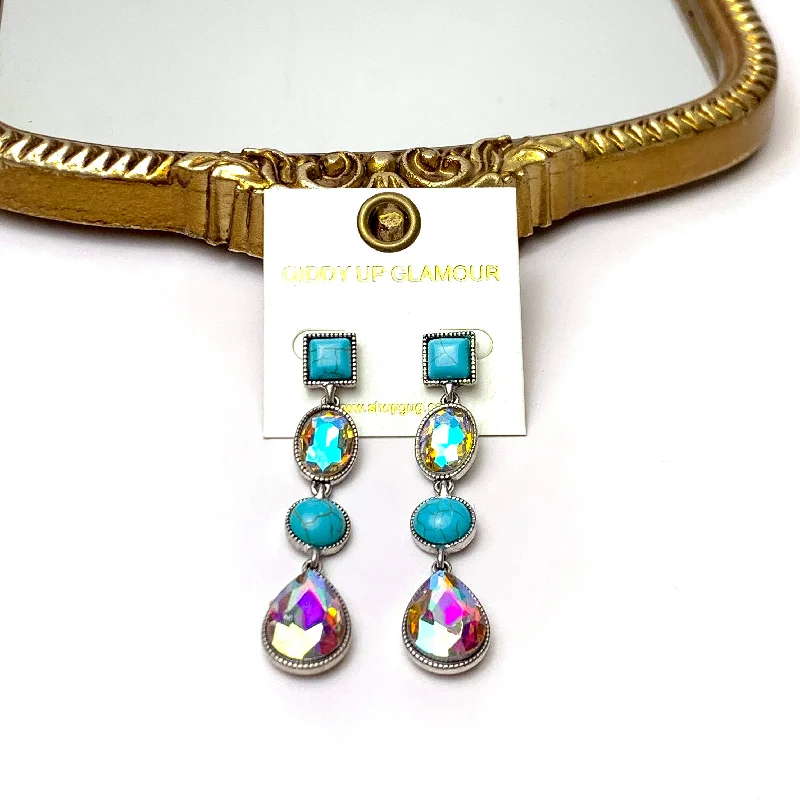 Women’s long earrings-4 Tier Square Post Faux Turquoise and AB Crystal Dangle Earrings