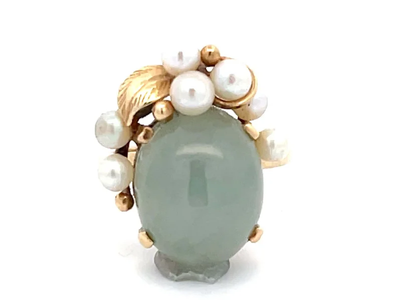 Women’s emerald rings-Mings Round Green Jade and Pearl Leaf Ring in 14k Yellow Gold