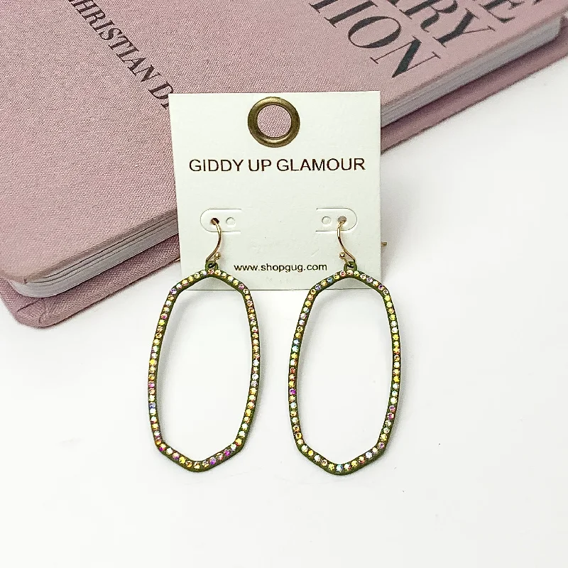 Women’s hoop stud earrings-Sparkle Girl Open Oval Earrings in Olive Green