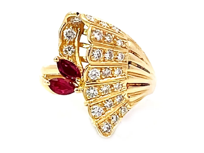 Women’s gemstone rings-Marquise Red Ruby Diamond Cocktail Ring Solid 18k Yellow Gold