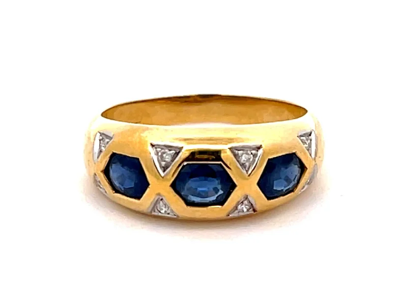 Women’s silver eternity rings-Vintage Blue Sapphire and Diamond Band Ring in 18k Yellow Gold