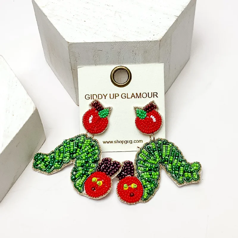 Women’s handcrafted earrings-Caterpillar Beaded Earrings With Apple Posts in Green and Red