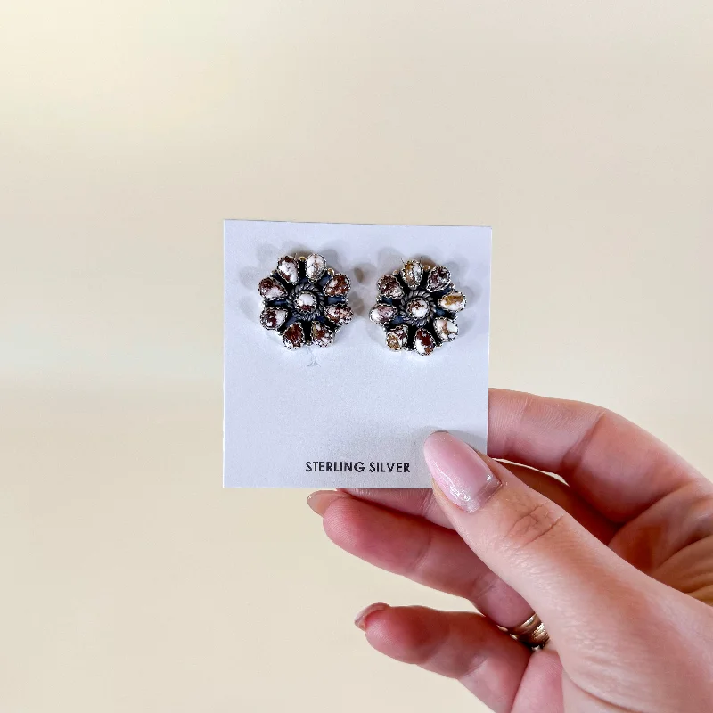 Women’s simple earrings-Hada Collection | Handmade Sterling Silver Flower Cluster Stud Earrings with Wild Horse Remix Stones