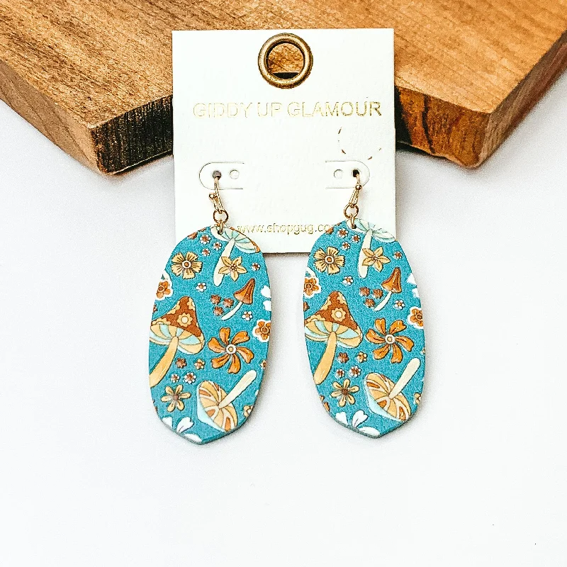 Women’s large hoop earrings-Wooden Oval Drop Earrings with Mushroom Print in Blue