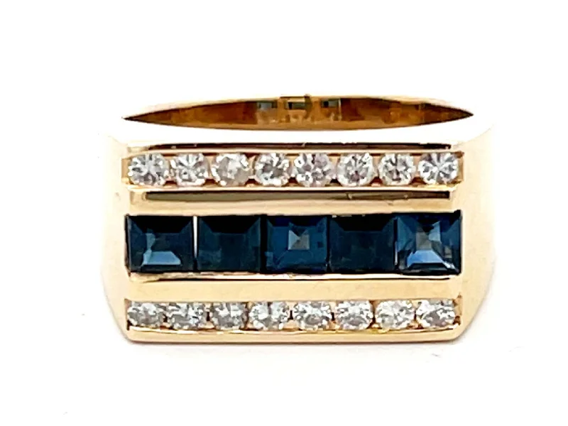 Women’s minimalist rings-Mens Sapphire and Diamond Row Ring in 14k Yellow Gold