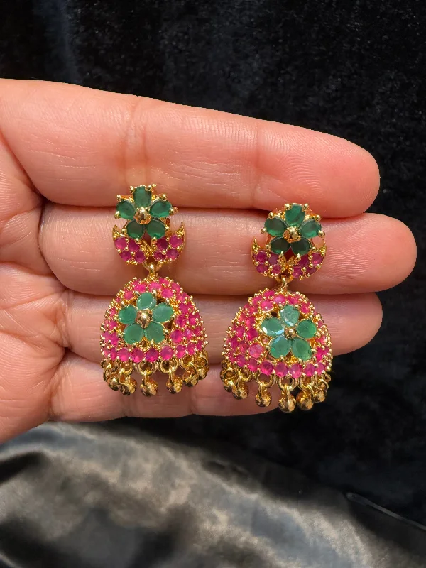 Women’s vintage rings with diamonds-Alluring Gold Plated Designer Jhumka with Hot Pink And Green Color Stone Flower Design