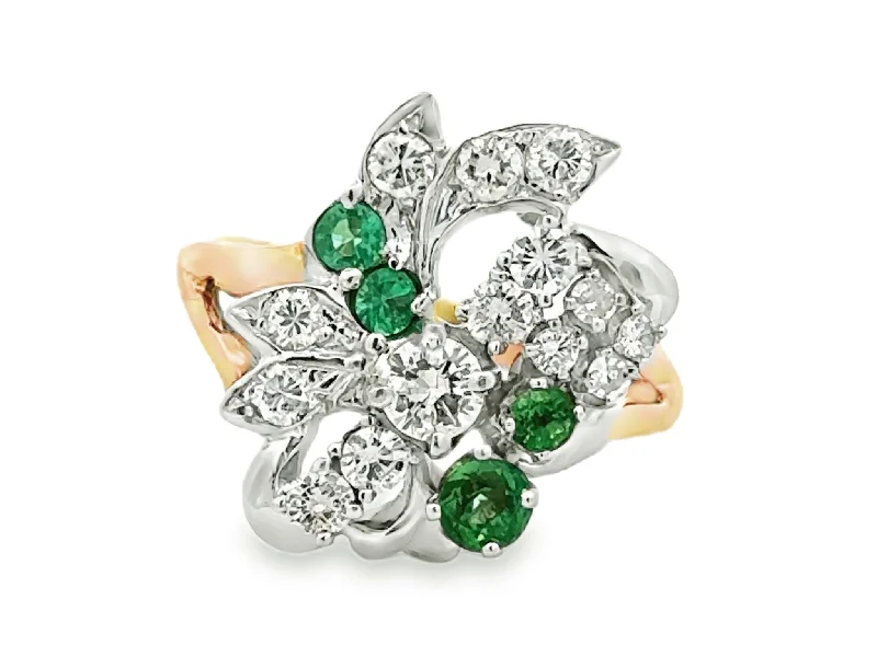 Women’s gold diamond rings-Diamond and Emerald Cluster Cocktail Ring 18k White and Yellow Gold