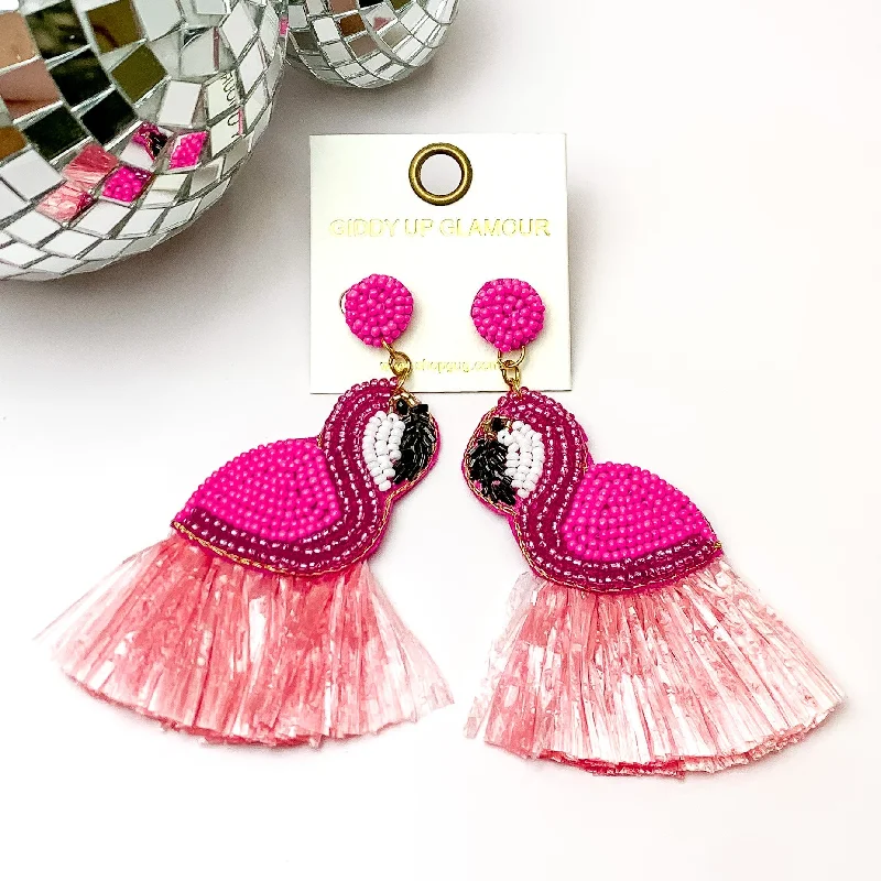 Women’s custom-designed earrings-Statement Pink Flamingo Earrings with Pink Fringe