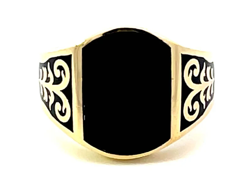 Women’s classic rings-Mens Black Onyx Design Gold Ring 14K Yellow Gold