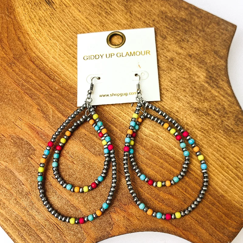 Women’s classic earrings-Beaded Open Double Drop Earrings in Silver Tone and Multicolor