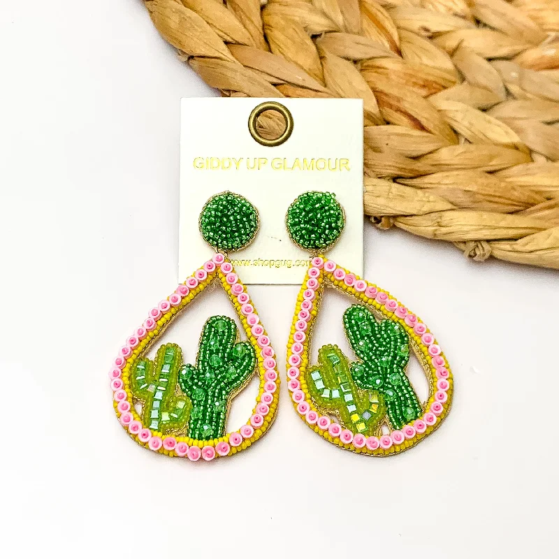 Women’s butterfly earrings-Beaded Open Teardrop Earrings With Cactus Scene on the Inside in Light Pink