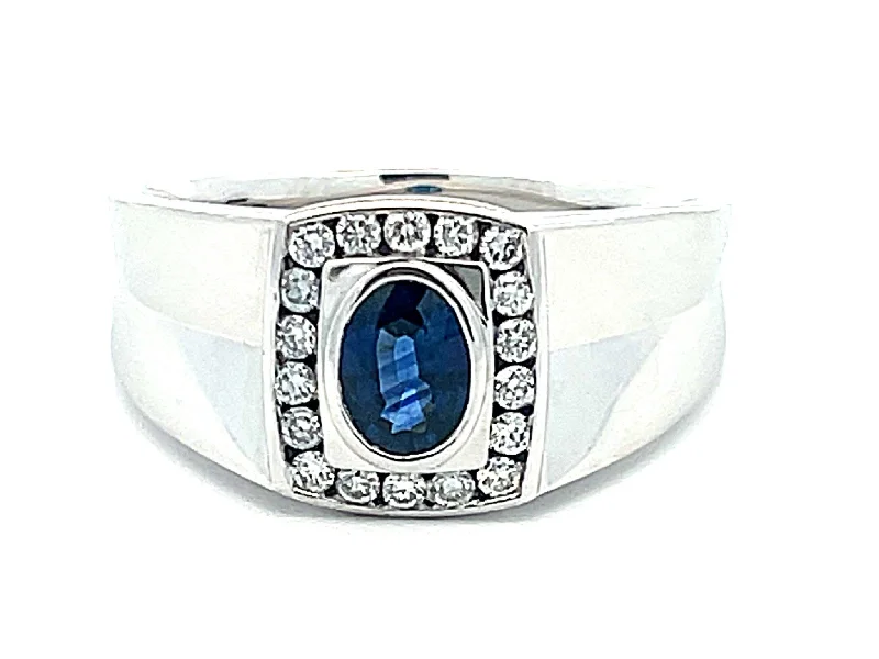 Women’s custom rings-Mens Oval Sapphire Center and Diamond Halo Ring in 14k White Gold