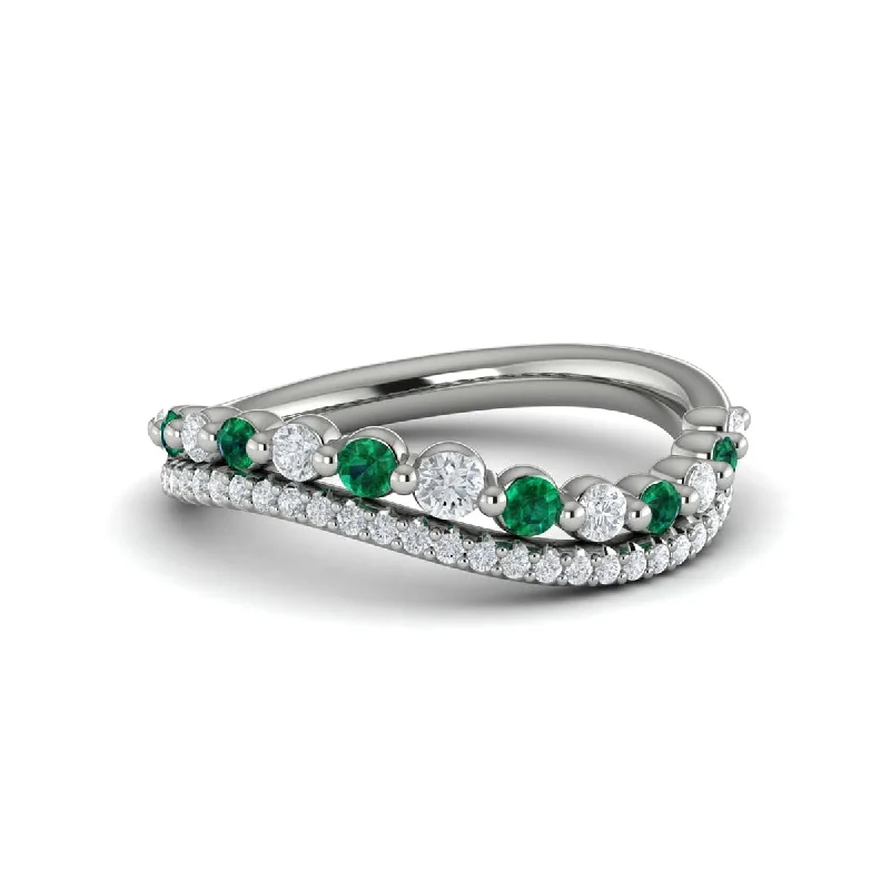 Diamond and Emerald Two Row Curved Ring