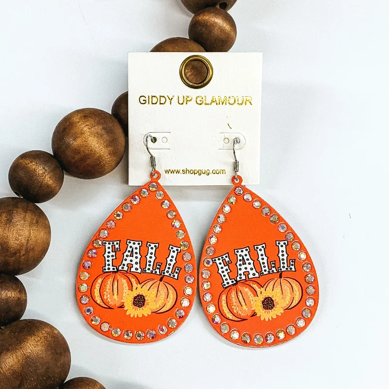 Women’s pearl earrings-FALL Orange Teardrop Earrings with AB Crystal Outline