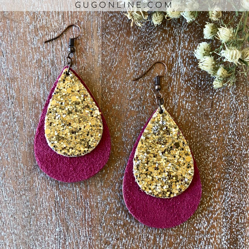 Women’s vintage-inspired earrings-Small Leather Teardrop Earrings with Gold Glitter Accent in Magenta