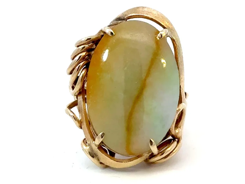 Women’s statement silver rings-Oval Pale Green and Brown Jade Ring 14k Yellow Gold