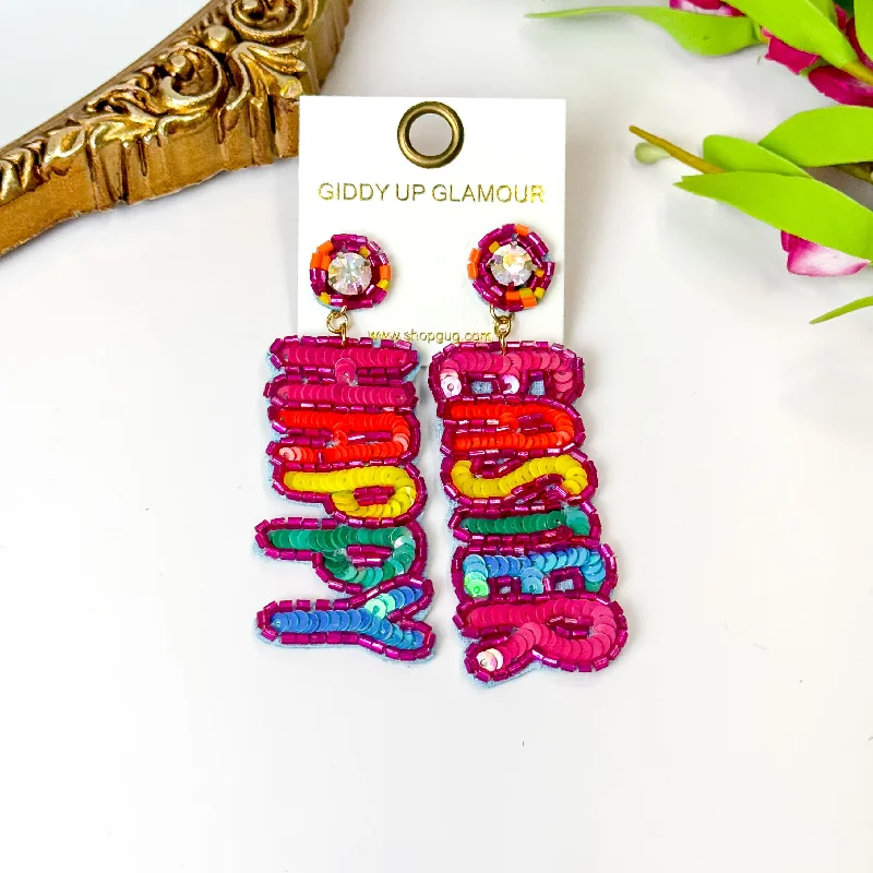 Women’s dangly earrings-Happy Easter Pink Outline Beaded Earrings in Pink, Orange, Yellow, Green and Blue