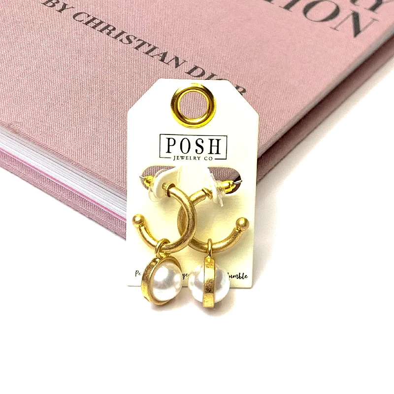 Women’s round earrings-Posh By Pink Panache | Huggie Hoop Earrings with Pearl Charm in Gold