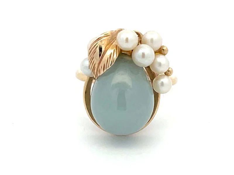 Women’s round diamond rings-Mings Pear Shaped Jade and Pearl Ring in 14k Yellow Gold