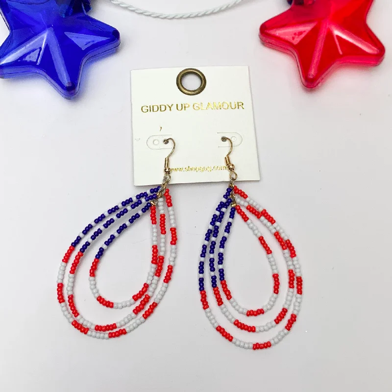 Women’s gold earrings-Red, White, and Beads USA Triple Open Teardrop Earrings