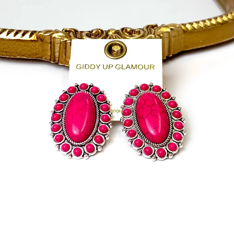 Women’s asymmetrical earrings-Silver Tone Fuchsia Pink Oval Faux Stone Cluster Earrings