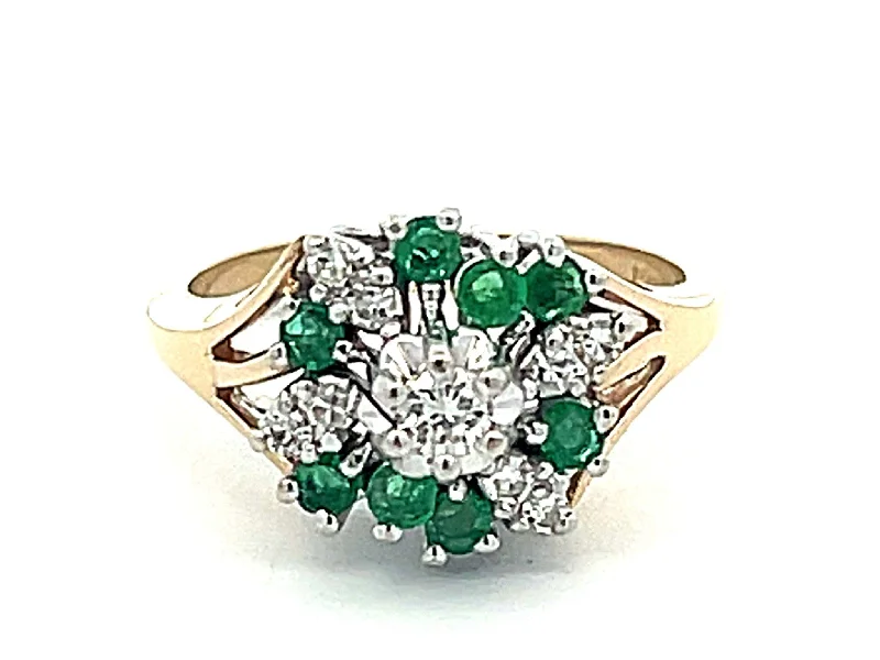 Women’s gold engagement rings-Green Emerald and Diamond Cluster Ring in 14k Gold