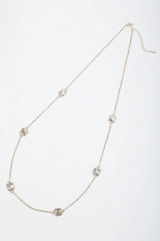 Women’s stacking necklaces-Clear Stone & Gold Square Long Necklace