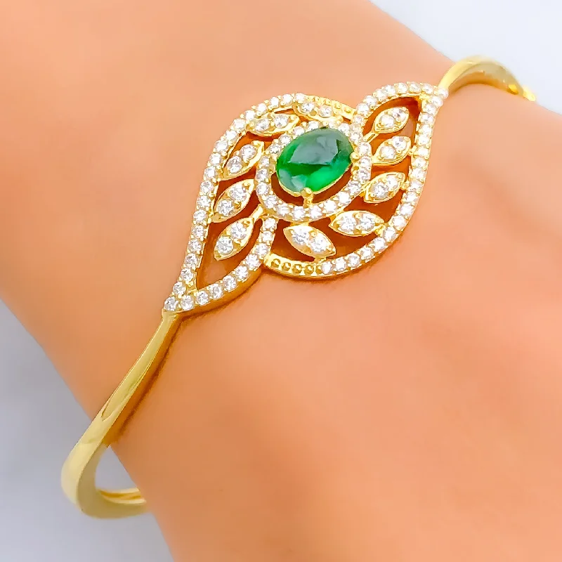 Women’s lucky bracelets-Majestic Leaf Adorned Diamond + 18k Gold Bangle Bracelet