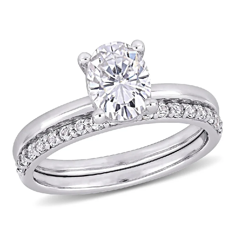 Women’s lab-grown diamond engagement rings-Miadora 10k White Gold Created White Sapphire Solitaire Wedding Ring Set