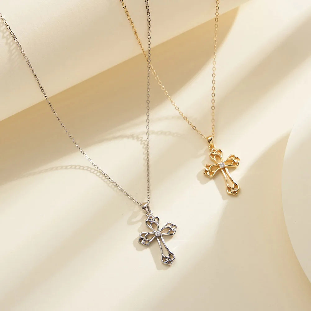 Women’s diamond pendants-Sterling Silver White Gold Plated Polishing Hollow Out Inlay Cross Zircon Pendant Necklace