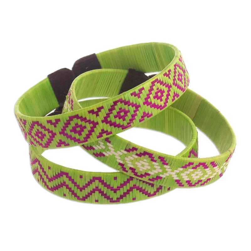 Women’s gemstone bracelets-Novica Handmade Green Colombian Geometry Natural Fiber Cuff Bracelets (Set Of 3)