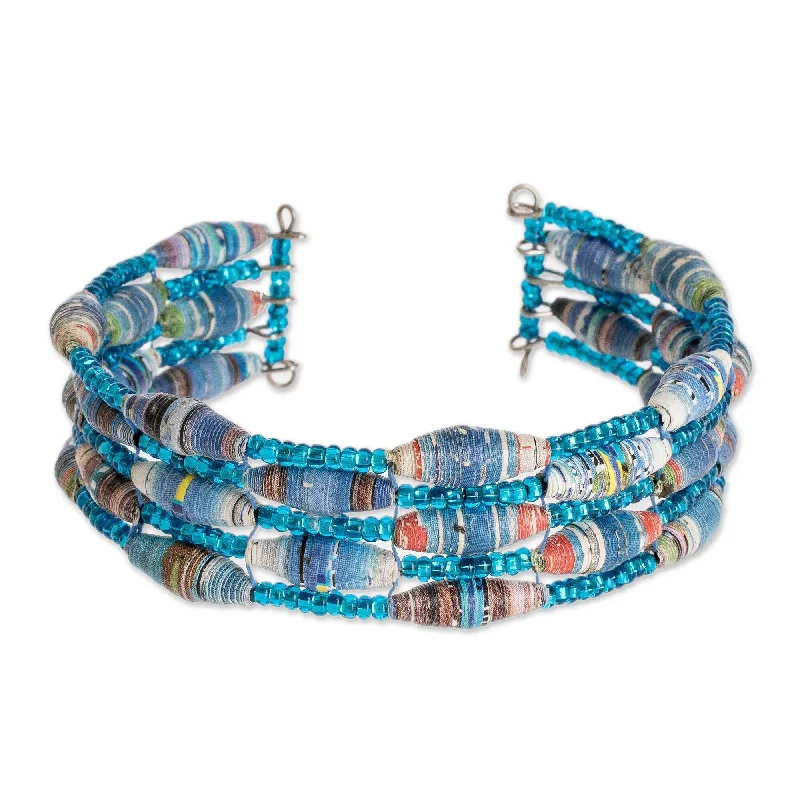 Women’s leather bracelets-Novica Handmade Nature Of Life In Blue Recycled Paper Beaded Cuff Bracelet