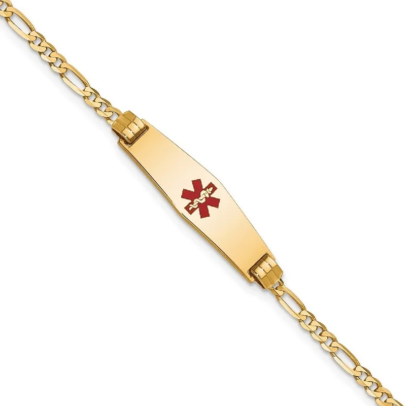 Women’s gemstone charm bracelets-Curata 7.5mm 14k Engravable Medical Soft Diamond Shape Red Enamel Figaro ID Bracelet