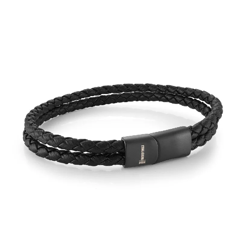 Women’s unique bracelets-ITALGEM STEEL – BLACK LEATHER DOUBLE ROW BRACELET