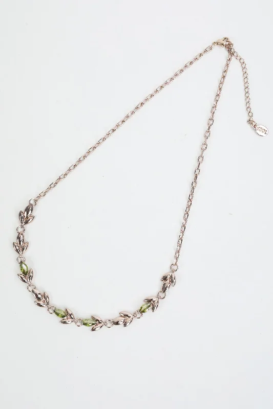 Women’s floral necklaces-Leaf & Green Stone Rose Gold Necklace