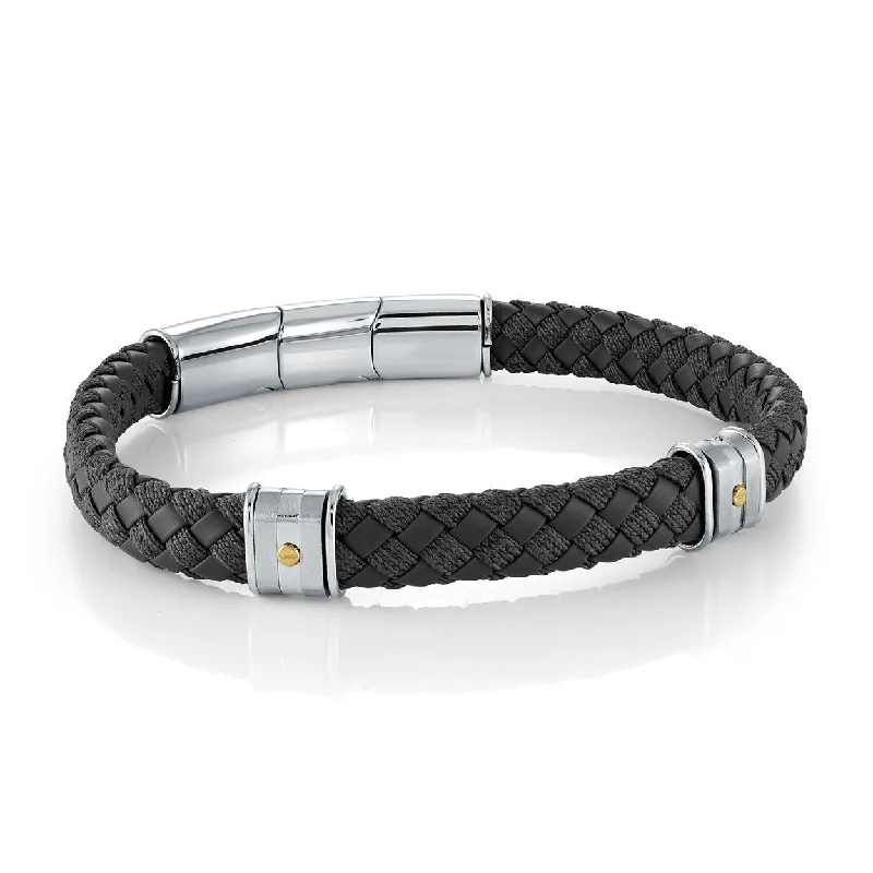 Women’s minimalist bangles-BLACK LEATHER & STAINLESS STEEL BRACELET