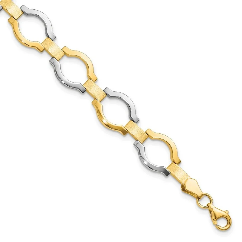 Women’s beach bracelets-Curata 14k Yellow Gold With Rhodium Fancy Link Bracelet 7.25 Inch