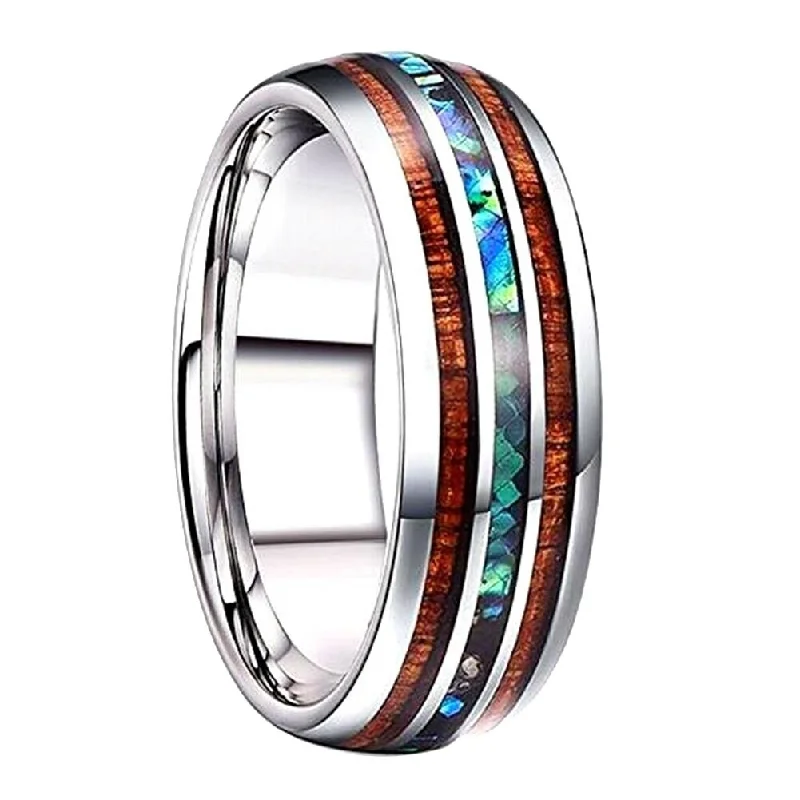 Women’s custom wedding engagement rings-Fashion Unisex Wooden Abalone Shell Titanium Steel Ring Wedding Party Jewelry