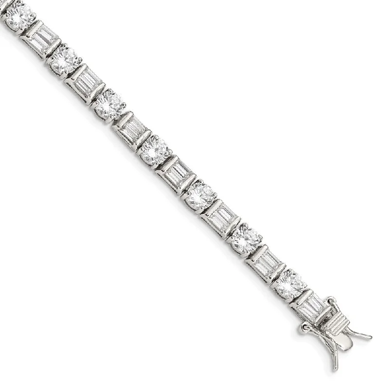 Women’s tennis bracelets-925 Sterling Silver Baguette and Round Cubic Zirconia Bracelet, 7.25"