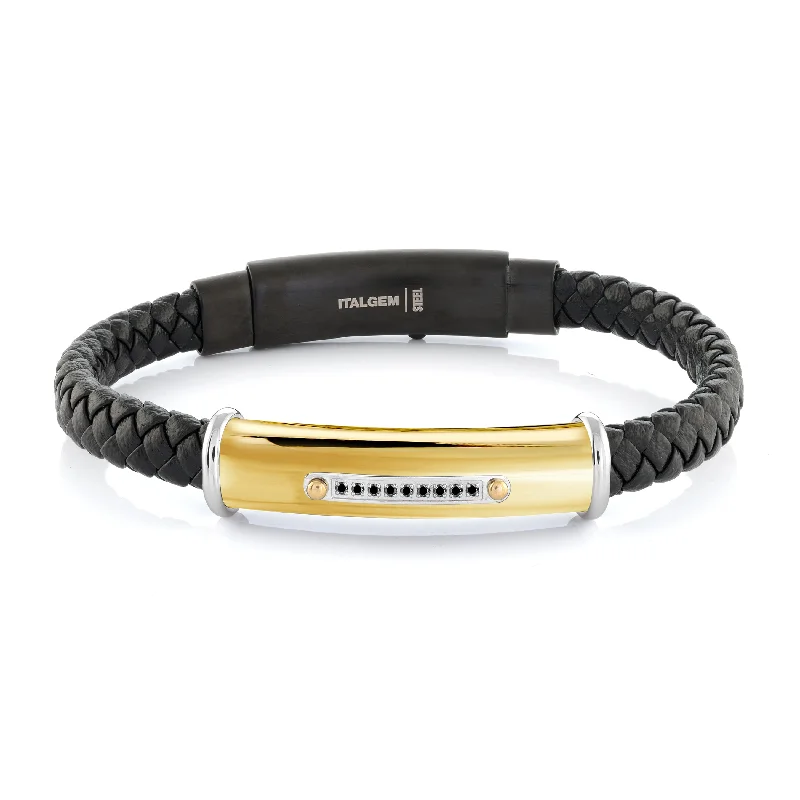 Women’s wide bangle bracelets-BRAIDED BLACK LEATHER & GOLD BRACELET