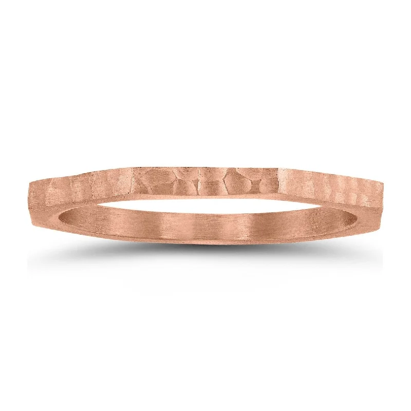 Women’s split shank engagement rings-Thin 1.5MM Eight Sided Octagon Hammered Finish Wedding Band in 14K Rose Gold