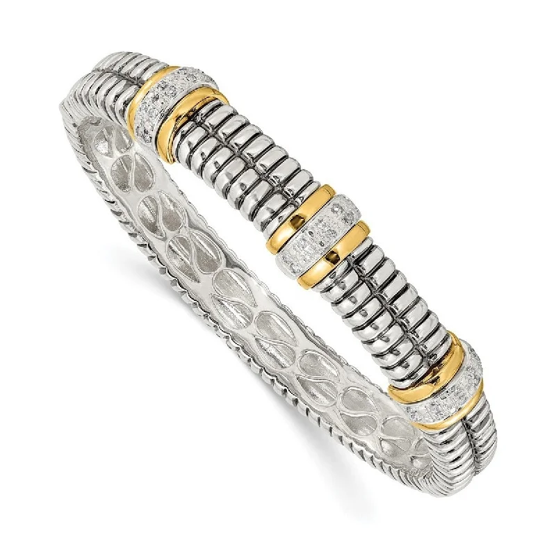 Women’s matching bracelets and rings-Curata 925 Sterling Silver Hinged Polished Prong set Hidden catch and 14k Yellow Diamond Cuff Stackable Bangle Bracelet