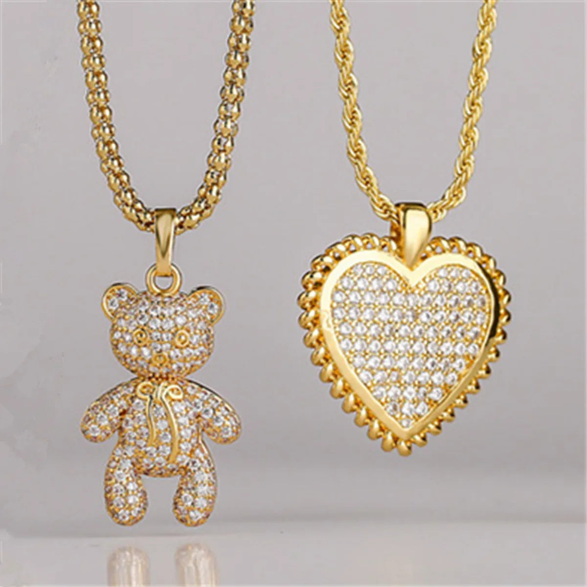 Women’s fashionable necklaces-Cartoon Style Bear Heart Shape Copper Plating Inlay Zircon Sweater Chain 1 Piece