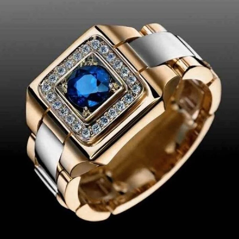 Women’s alternative engagement rings-Luxury Men Faux Sapphire Inlaid Finger Ring Wedding Jewelry Valentines Day Gift