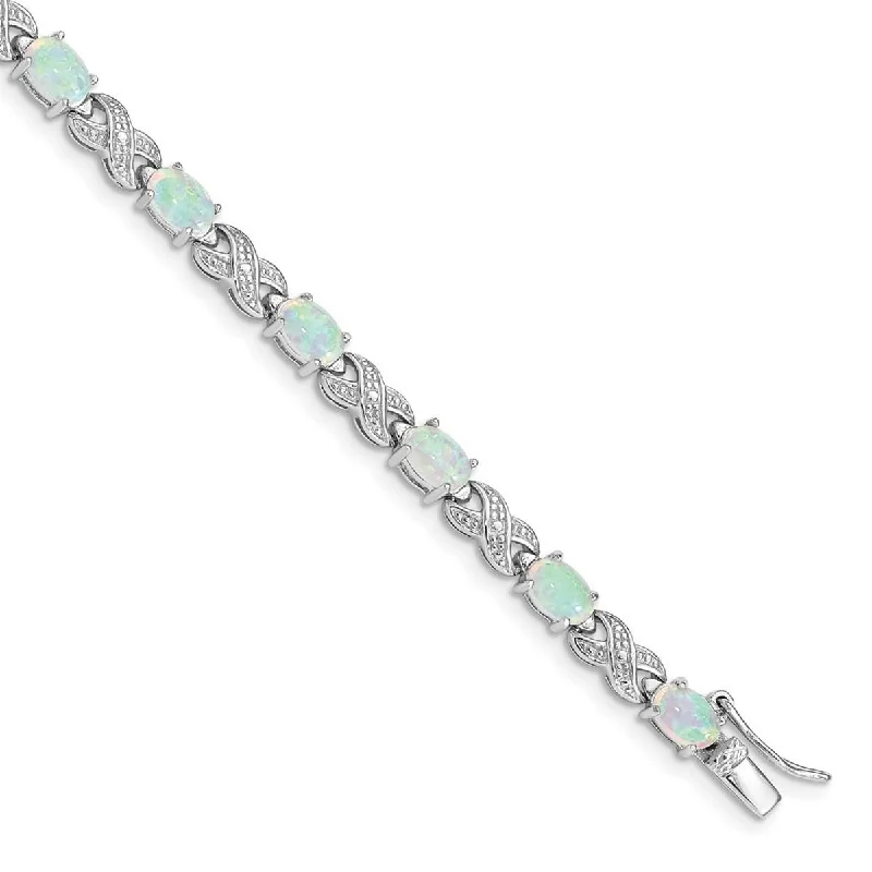 Women’s chic bracelets-Curata 925 Sterling Silver Polished Box Catch Closure Simulated Opal and Diamond Bracelet 7 Inch Box Clasp