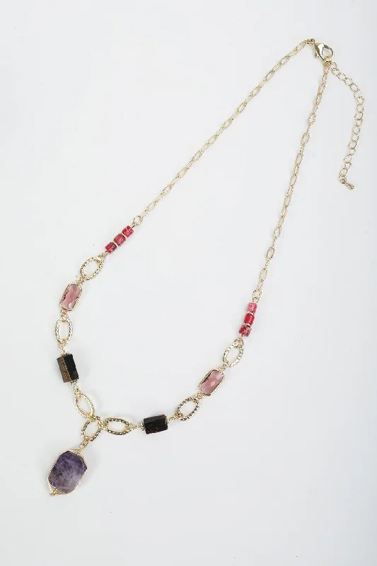 Women’s sparkling diamond necklaces-Purple Stone Beaded Gold Necklace