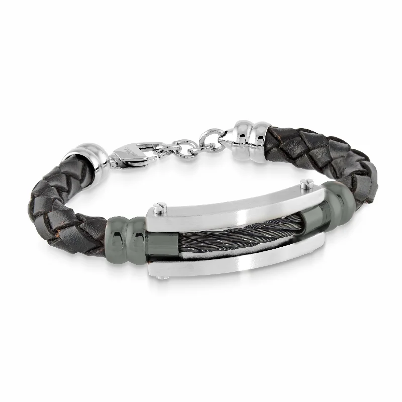 Women’s engraved bangles-GUNMETAL CABLE & BLACK LEATHER BRACELET